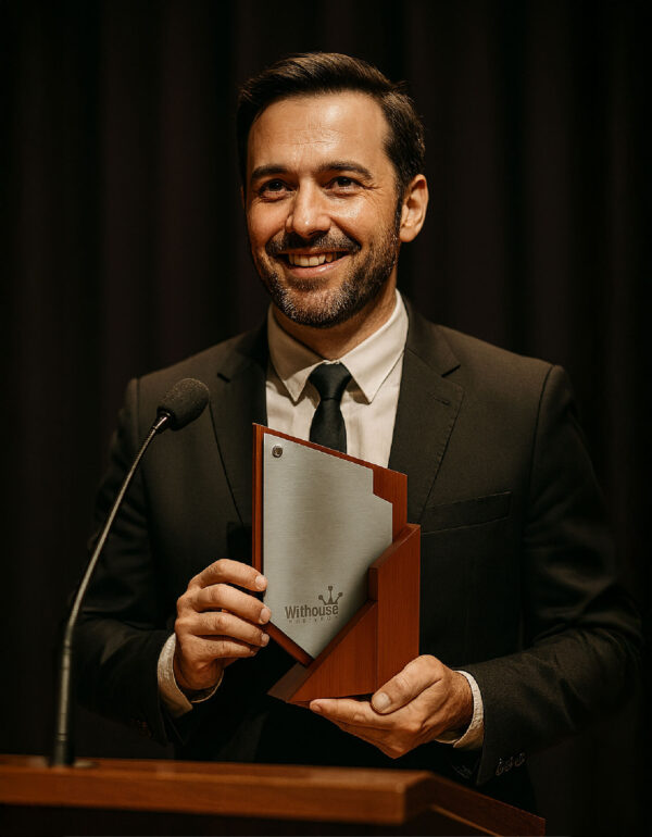 TROFEO MODERNO ACERO Y MADERA