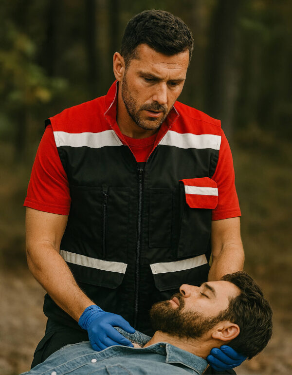 CHALECO NEGRO CON VIVOS ROJO/BLANCO Y BOLSILLOS MULTIPROPOSITO