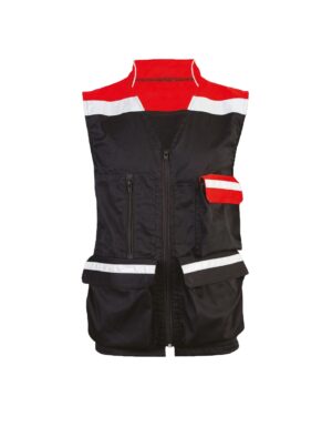 CHALECO NEGRO CON VIVOS ROJO/BLANCO Y BOLSILLOS MULTIPROPOSITO