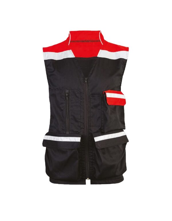 CHALECO NEGRO CON VIVOS ROJO/BLANCO Y BOLSILLOS MULTIPROPOSITO