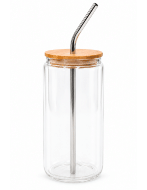 Botella de cristal de 13 oz con tapa de bambú y popote