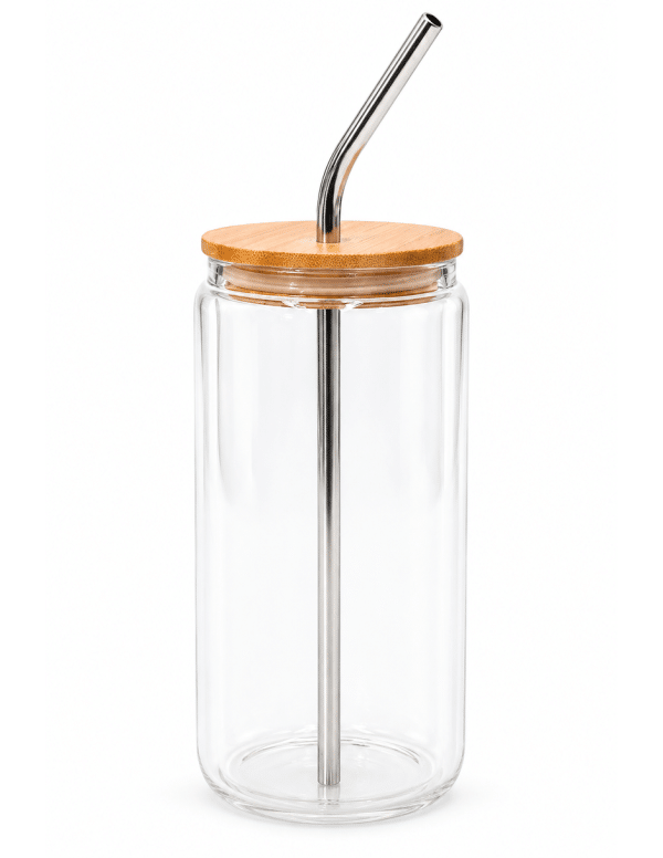 Botella de cristal de 13 oz con tapa de bambú y popote