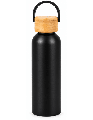 Botella Eco negra de 20 oz con tapa de bambú y asa