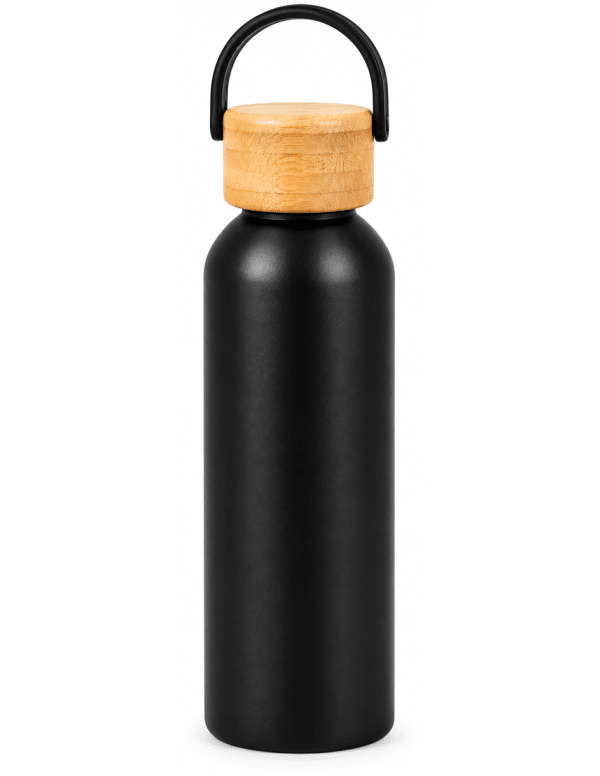 Botella Eco negra de 20 oz con tapa de bambú y asa