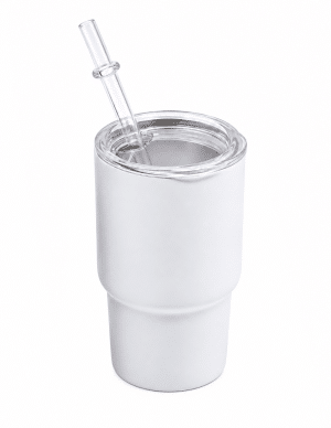Termo Shot Glass de 3 oz blanco con tapa transparente y popote sobre fondo blanco